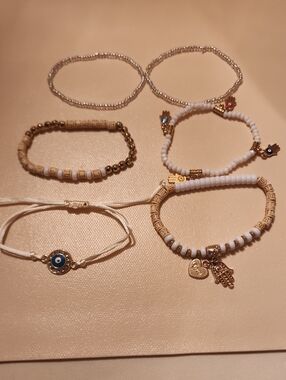 6 Pcs Set Evil Eye & Rhinestone Beads Hamsa Hand Charm And Love/heart Charm